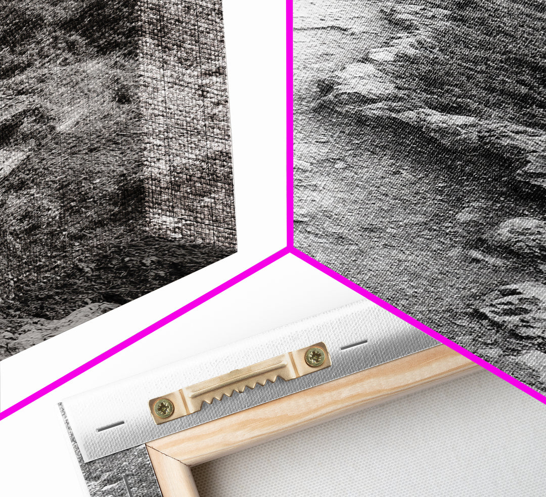 Rocky Cliff Trail, Coastal Hiking, Rugged Landscape, Nature Adventure Art, Framed Canvas Print, Cabin Wall Decor, Black and White Aesthetic