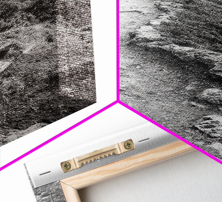 Rocky Cliff Trail, Coastal Hiking, Rugged Landscape, Nature Adventure Art, Framed Canvas Print, Cabin Wall Decor, Black and White Aesthetic