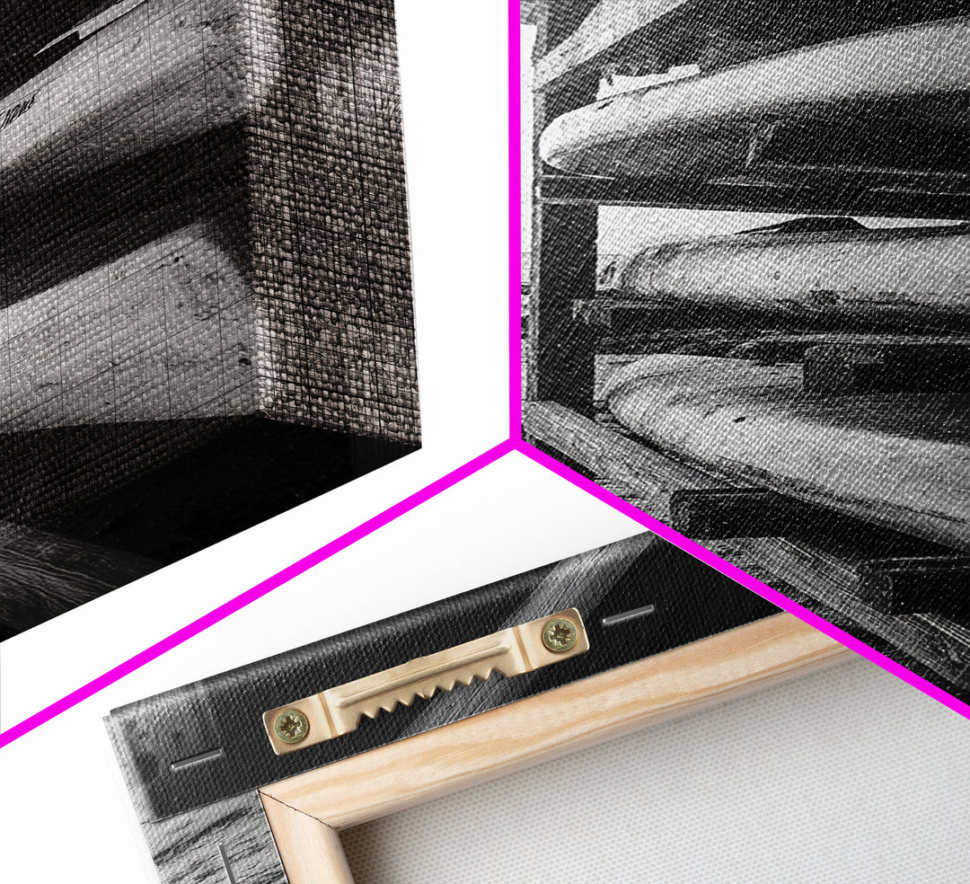 Canoes, Rack, Ocean, Shelter - Surf shack vibes with coastal canoe stack, Framed Canvas Print, great beach house or boho hallway art, grayscale