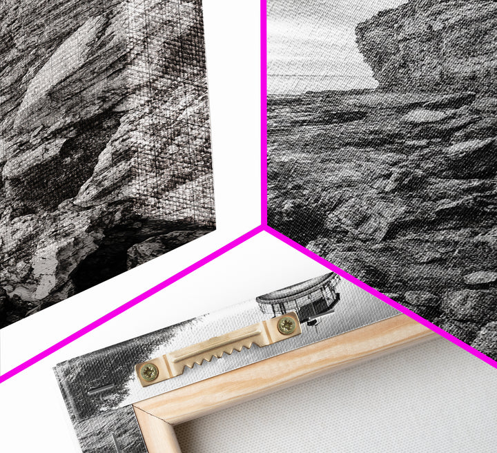 Lighthouse Beacon, Rocky Shoreline, Nautical Coastal Scene, Framed Canvas Print, Ocean View Art, Seaside Living Room Wall Decor