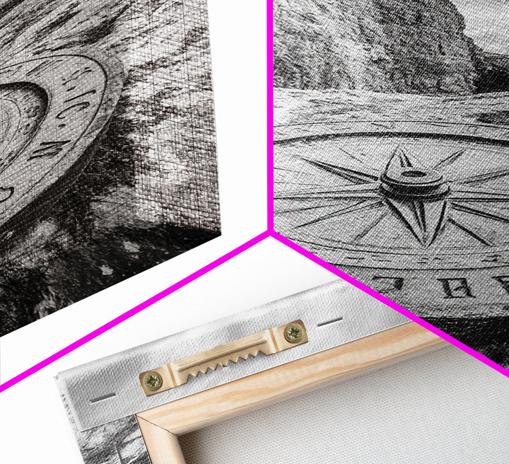 Compass On Cliff, Adventure Travel Art, Nautical Wall Decor, Framed Canvas Print, Rustic Office Art, Nature Explorer Gift Idea