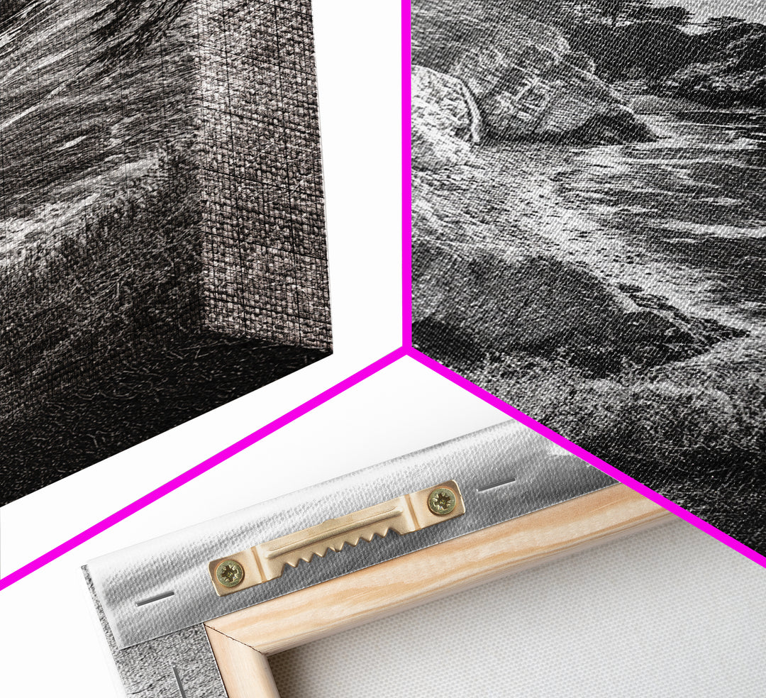 Coastal Cliff, Ocean View, Rocky Shoreline, Framed Canvas Print, Black and White Art, Coastal Living Wall Decor, Nature Landscape Art