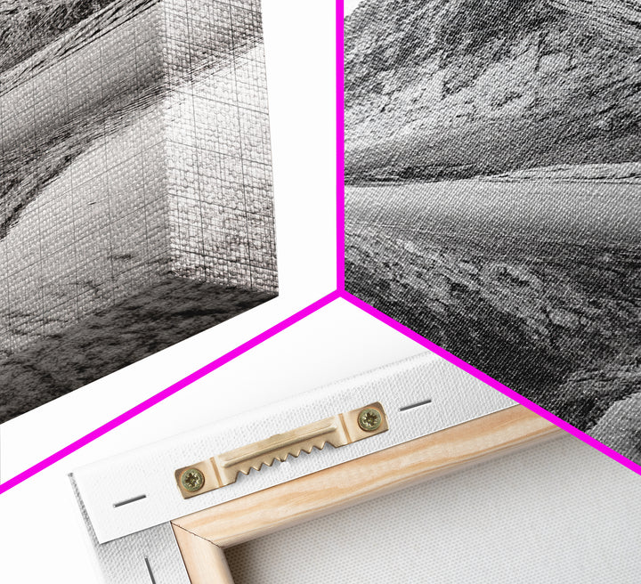Mountain Mirror, Coastal Peak, Serene Beach, Canvas Print, Minimalist Landscape Art, Modern Living Room Wall Decor, Monochrome Nature Style