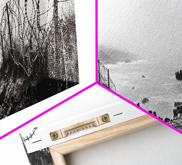 Barbed Coast, Foggy Beach, War Fence, Ocean Boundary, Framed Canvas Print, Industrial Wall Art, Living Room Decor, Black and White Art