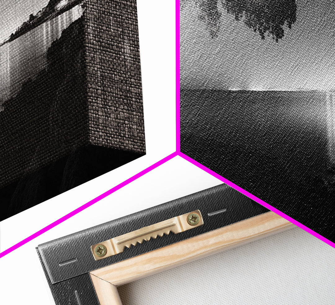 Coastal Night, Tree Silhouette, City Horizon, Framed Canvas Print, Moody Landscape Art, Modern Living Room Wall Decor