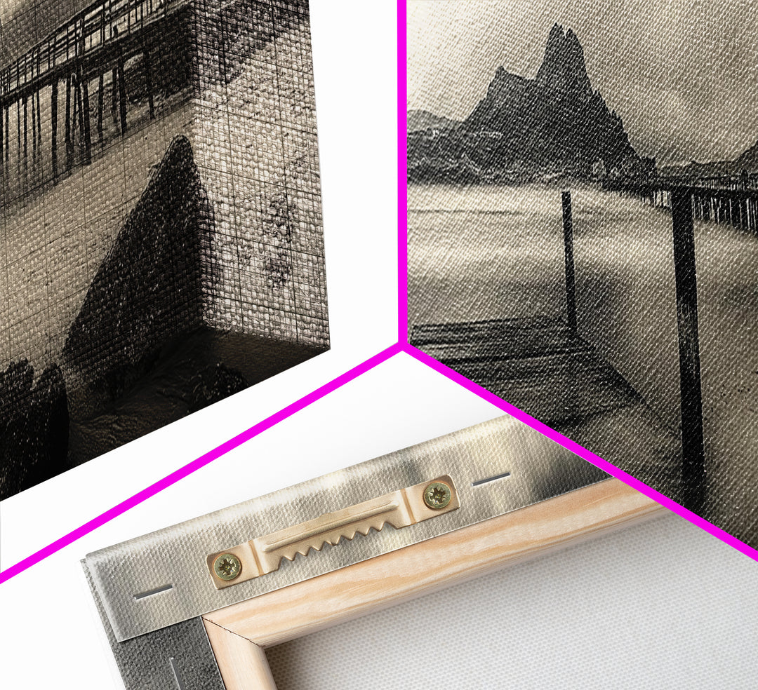 Dockside Calm, Stormy Shore, Ocean Jetty, Framed Canvas Print, Moody Coastal Wall Art, Living Room Art, Rustic Lakehouse Decor