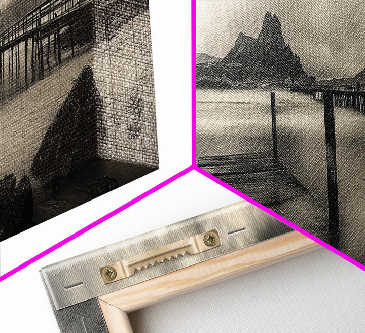 Dockside Calm, Stormy Shore, Ocean Jetty, Framed Canvas Print, Moody Coastal Wall Art, Living Room Art, Rustic Lakehouse Decor