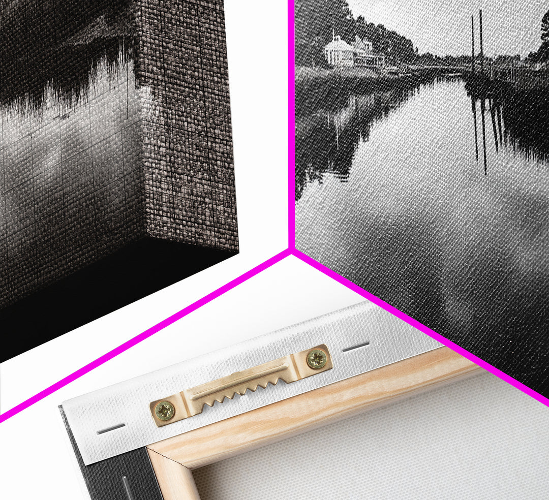 Boat Dock, Quiet Bay, Marina Reflections, Framed Canvas Print, Nautical Wall Art, Lakehouse Decor, Minimalist Coastal Vibes, Black White Art