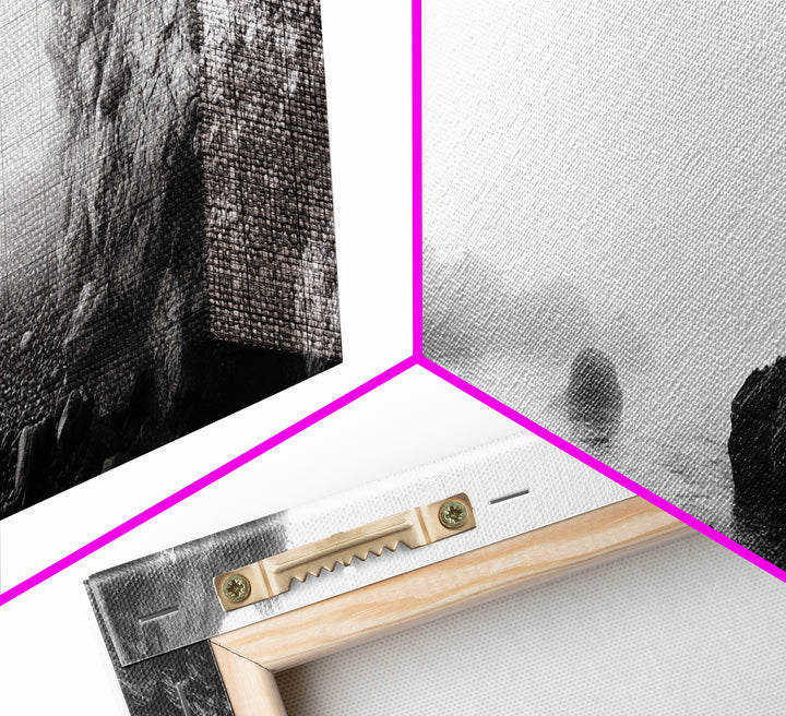 Rocky Cove, Coastal Mist, Foggy Morning, Cliffside Ocean, Canvas Print, Monochrome Wall Art, Bathroom Art, Minimalist Photography