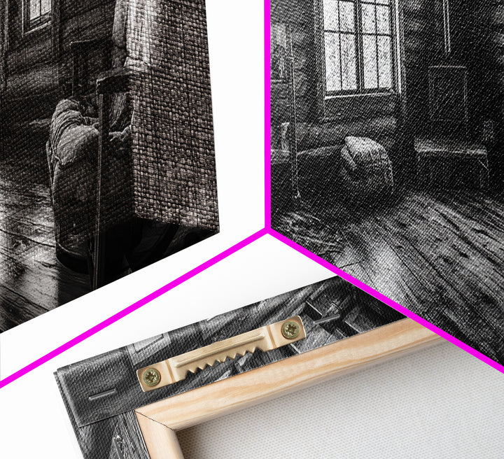 Rustic Cabin, Cozy Interior, Nature Retreat, Framed Canvas Print, Living Room Wall Art, Black and White Photography, Lodge Decor