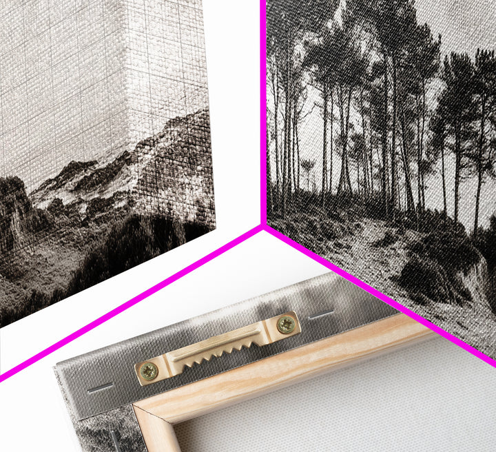 Coastal Pines, Ocean View, Windswept Trees, Framed Canvas Print, Minimalist Landscape Art, Neutral Tones, Entryway Wall Decor