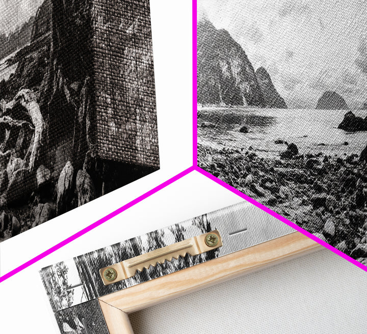 Rocky Shore, Ocean Vista, Misty Wilderness, Framed Canvas Print, Nature Wall Art, Monochrome Landscape, Cabin or Office Decor