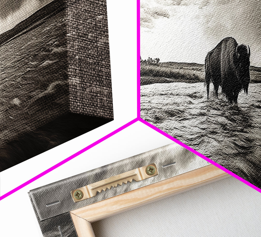 Bison River, Prairie Storm, American West, Framed Canvas Print, Rustic Nature Art, Fall Living Room Decor, Wildlife Photography