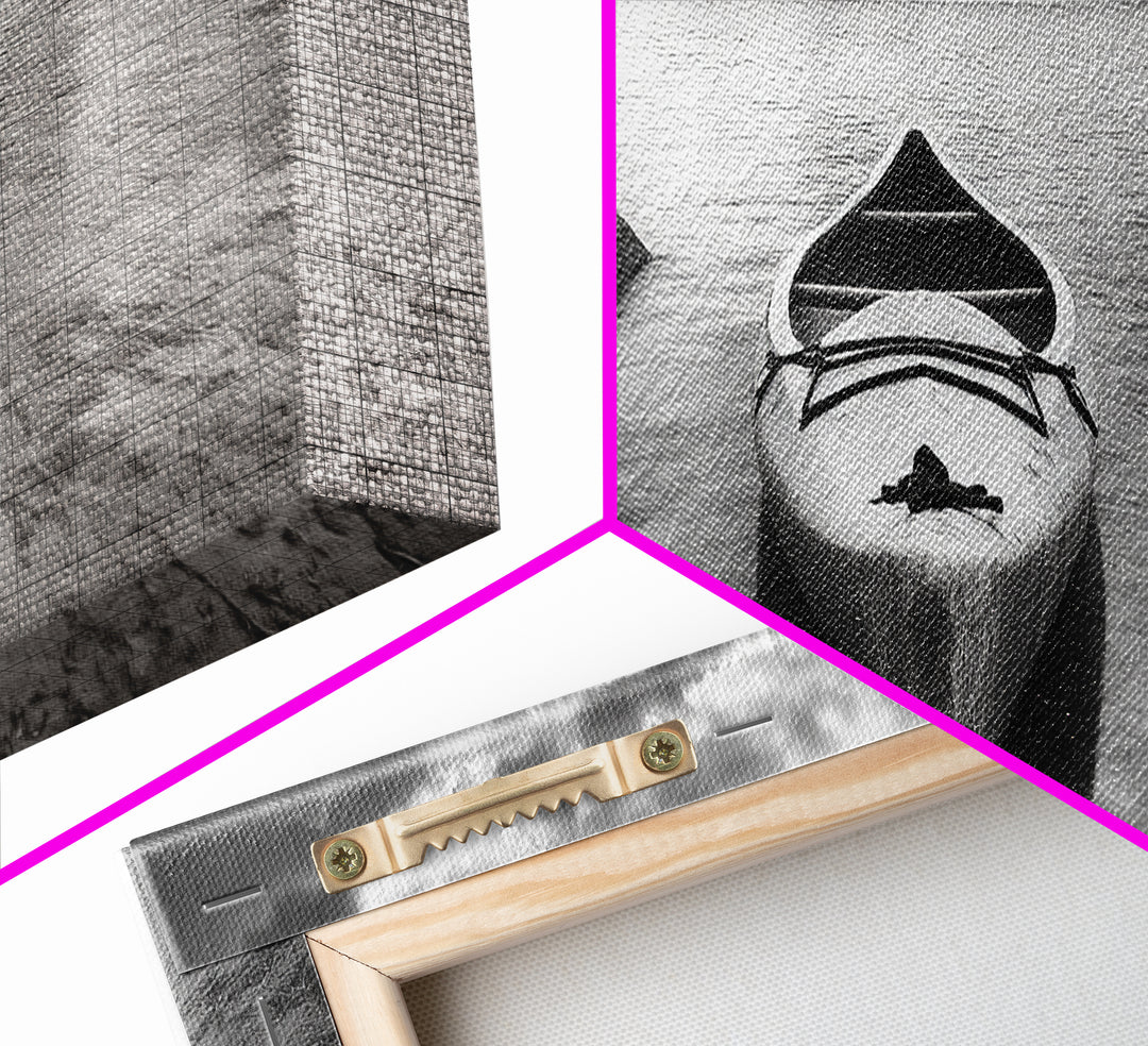 Canoe at Shore, Calm Waters, Peaceful Escape, Framed Canvas Print, Adventure art, Lakehouse decor, Hallway wall piece, Monochrome nature