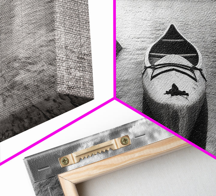 Canoe at Shore, Calm Waters, Peaceful Escape, Framed Canvas Print, Adventure art, Lakehouse decor, Hallway wall piece, Monochrome nature