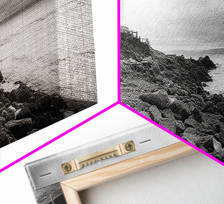 Classic Lighthouse Shore, Rocky Coastline Fog, Seaside Charm, Framed Canvas Print, Office Wall Art, New England Coastal Decor