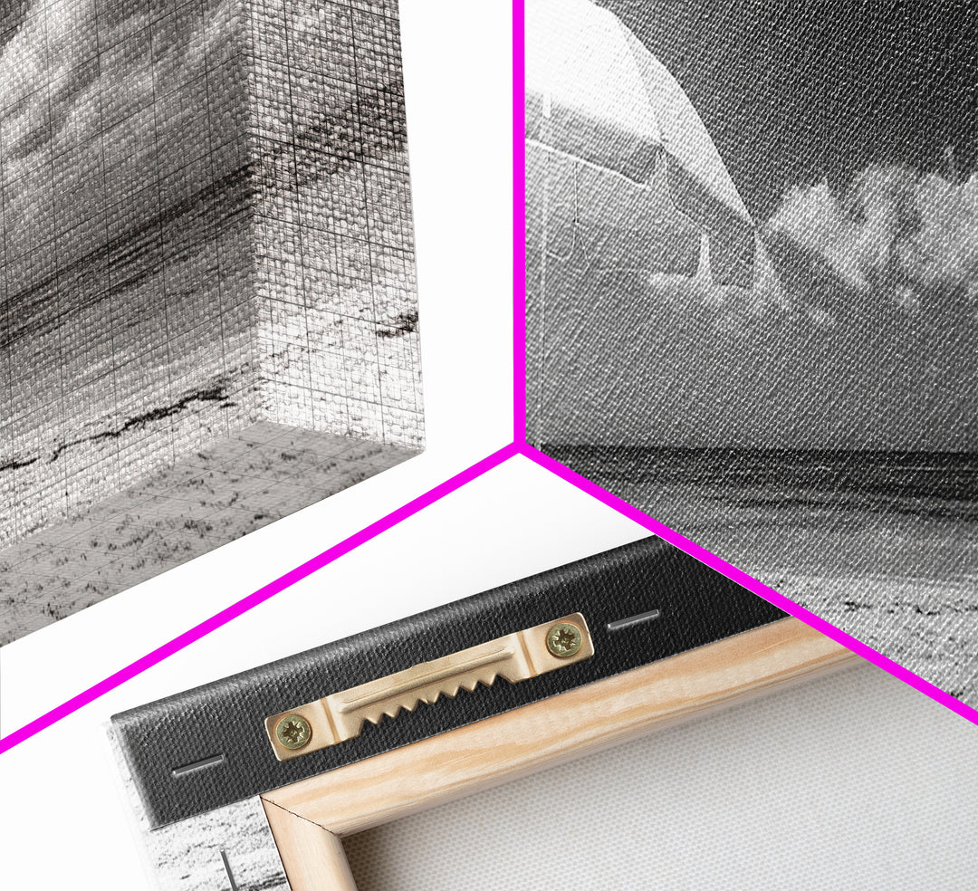 Beach Umbrella, Sunny Sky, Ocean Escape, Seaside Shade, Framed Canvas Print, Summer Wall Art, Bathroom Decor, Minimalist Coastal Style