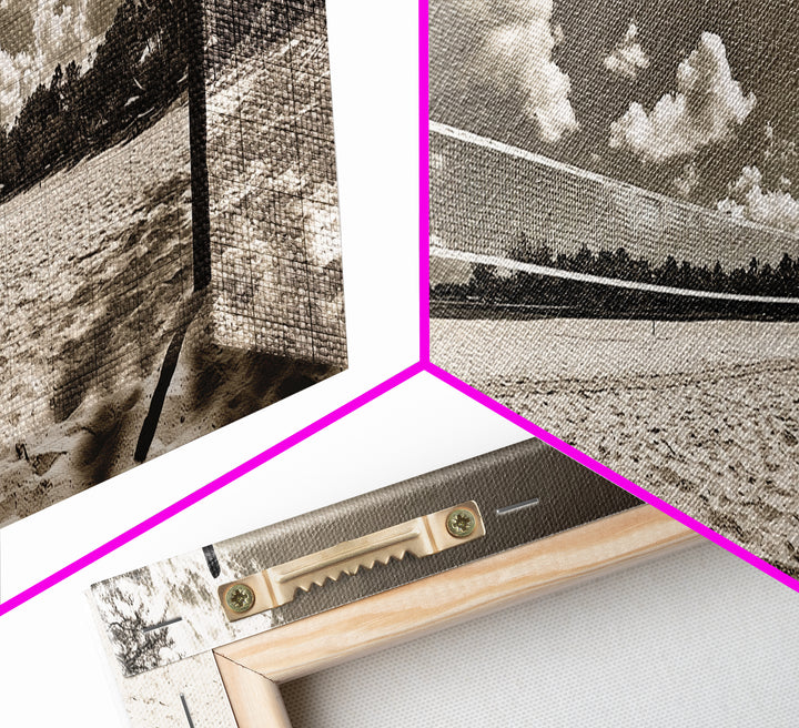 Beach Volleyball, Sand Court, Summer Fun, Tropical Clouds, Framed Canvas Print, Sports Room Wall Art, Coastal Decor, Sepia Beach Art