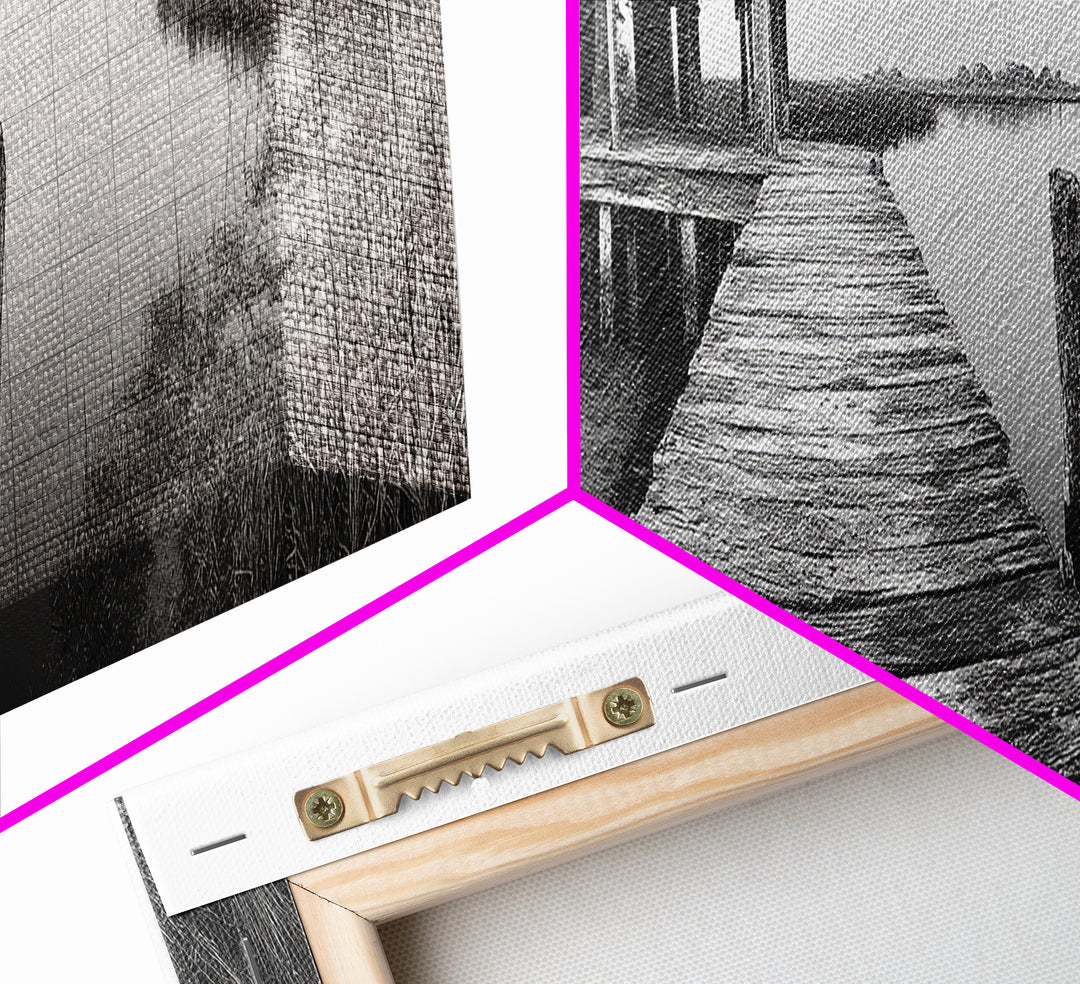 Abandoned Pier, Lakeside Shack, Black and White Marsh, Framed Canvas Print, Rustic Entryway Art, Minimalist Coastal Cabin Decor