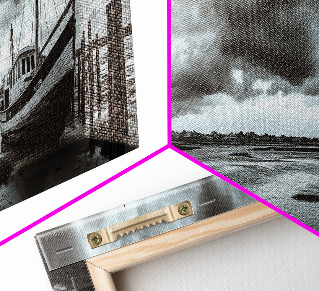 Abandoned Fishing Boat, Coastal Storm Scene, Rustic Nautical Decor, Framed Canvas Print, Beach House Art, Autumn Decor, Moody Wall Print