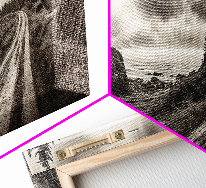 Coastal Road Journey, Overcast Ocean View, Scenic Drive Art, Framed Canvas Print, Fall Landscape Wall Art, Nature Lover, Living Room Decor