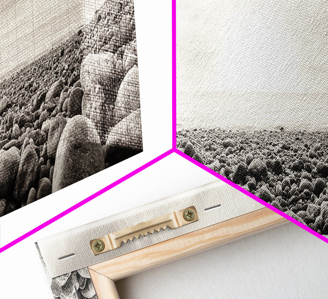 Pebble Shoreline, Soft Horizon, Beach Sunrise, Calm Coastal Decor, Framed Canvas Print, Neutral Tones, Bedroom Wall Art, Nature Minimalism