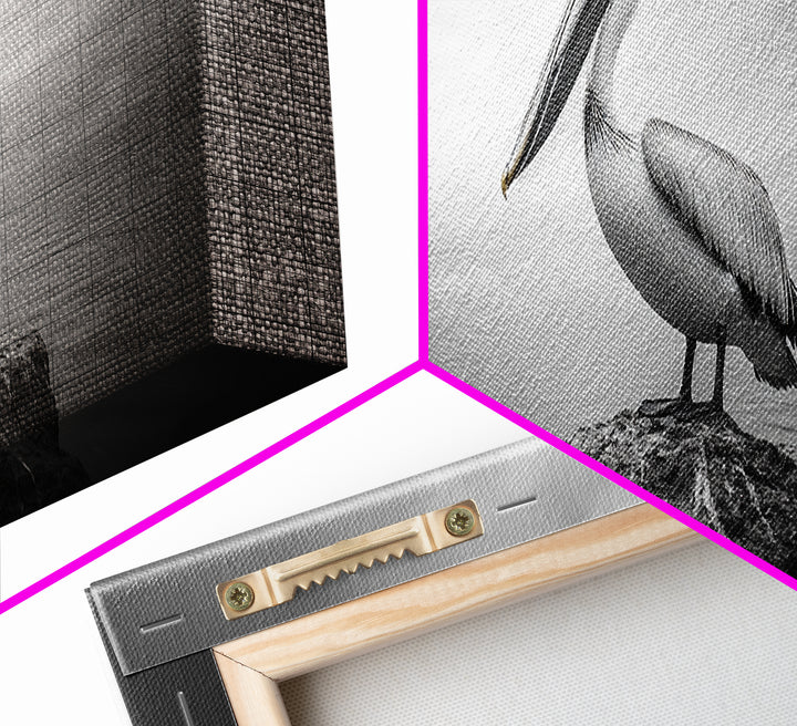 Coastal Pelican, Ocean Rock, Tranquil Wildlife Scene, Framed Canvas Print, Beach House Wall Art, Seaside Nature Decor, Moody Tones