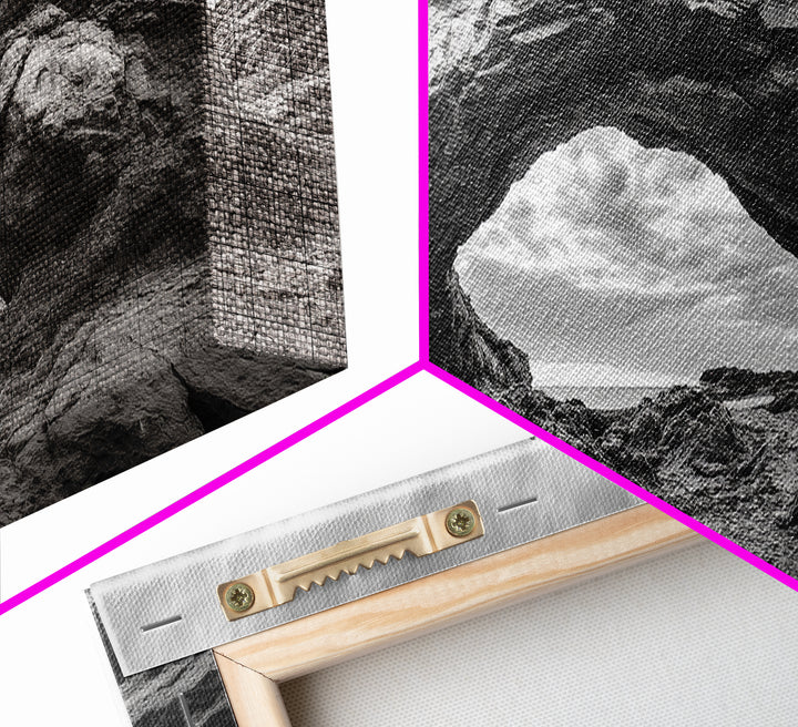 Rock Arch Landscape, Desert Formations, Dramatic Sky, Framed Canvas Print, Living Room Wall Art, Nature Inspired Decor, Monochrome Vibe