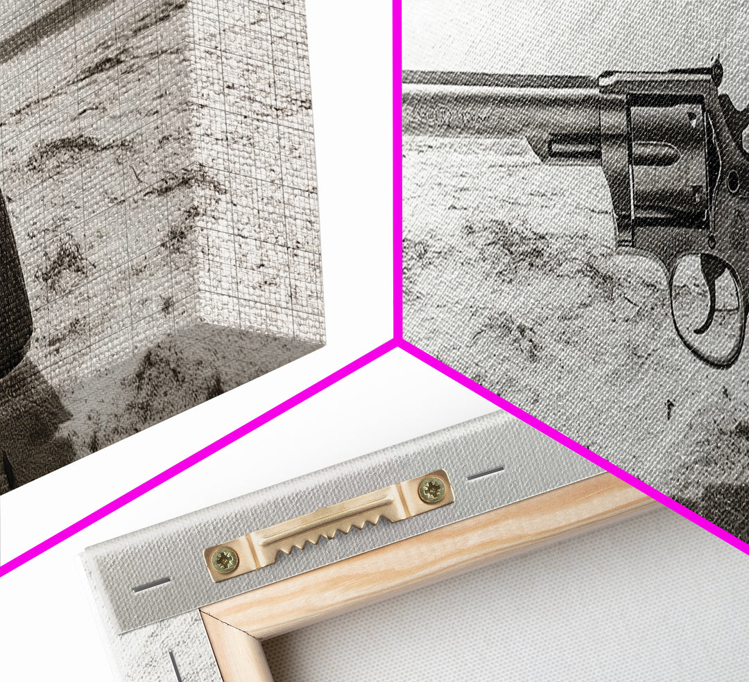 Revolver On Beach, Western Vibes, Americana Style, Framed Canvas Print, Man Cave Wall Art, Bold Statement Decor, Coastal Contrast