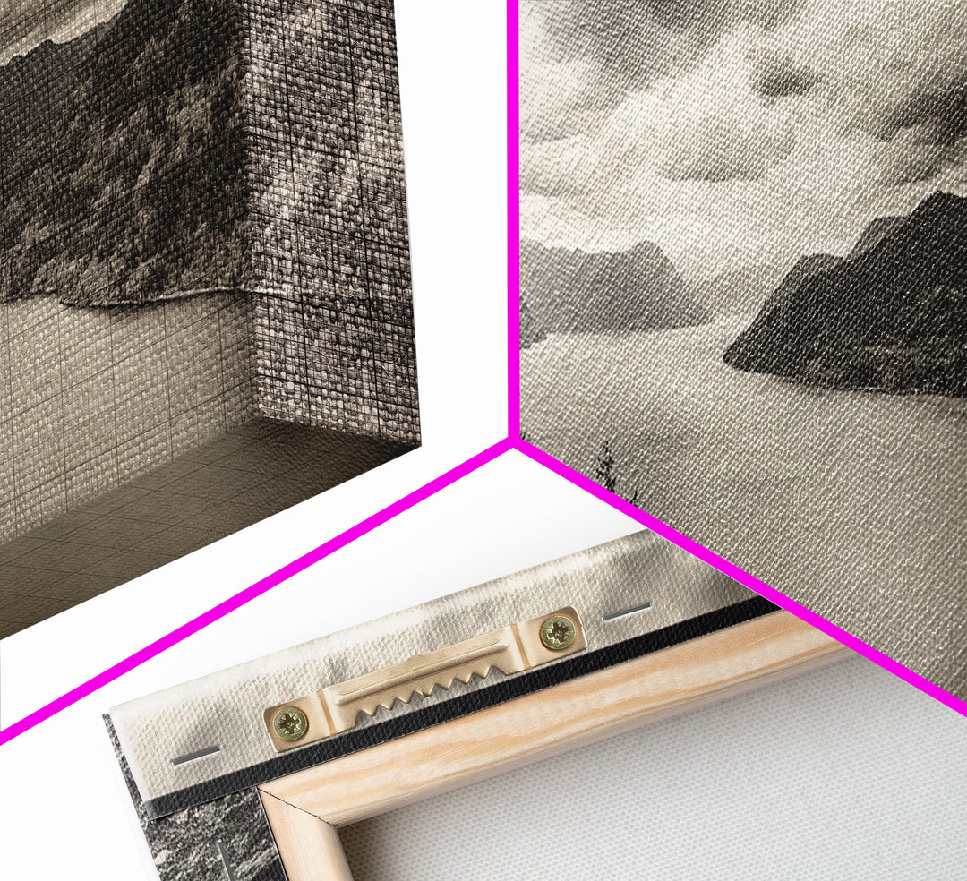 River Cliff View, Forested Mountains, Timeless Horizon, Framed Canvas Print, Living Room Wall Art, Cabin Rustic Decor, Moody Nature Art