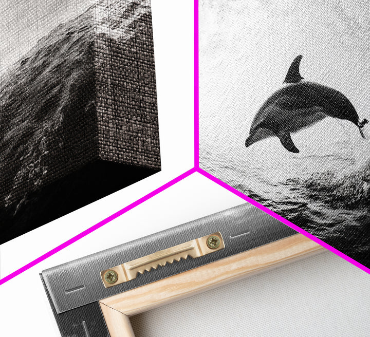 Ocean Dolphin Jump, Seascape Art, Black White Photography, Coastal Wall Decor, Canvas Print, Minimalist Bathroom Wall Art, Nautical Style