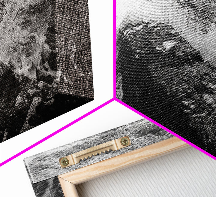 Crashing Waves Rock, Coastal Seascape, Ocean Photography, Black White Art, Framed Canvas Print, Nautical Bathroom Wall Decor