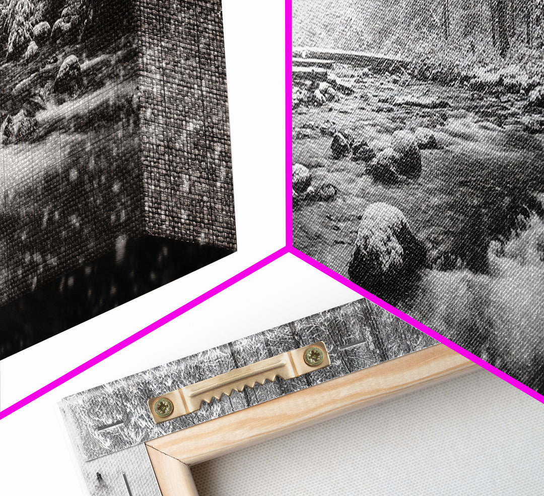 River Stream, Snow Forest, Winter Tranquility, Canvas Print, cozy cabin art, hygge home decor, Christmas wall art, woodland minimalist art