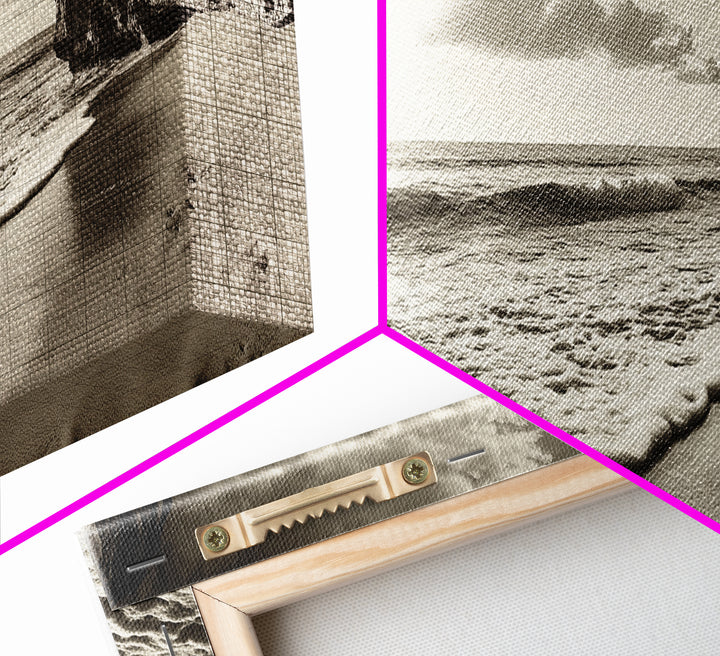 Cliff Coastline, Ocean Sunset, Beach Waves, Framed Canvas Print, seascape wall art, coastal bedroom decor, relaxing nature vibe, neutral art