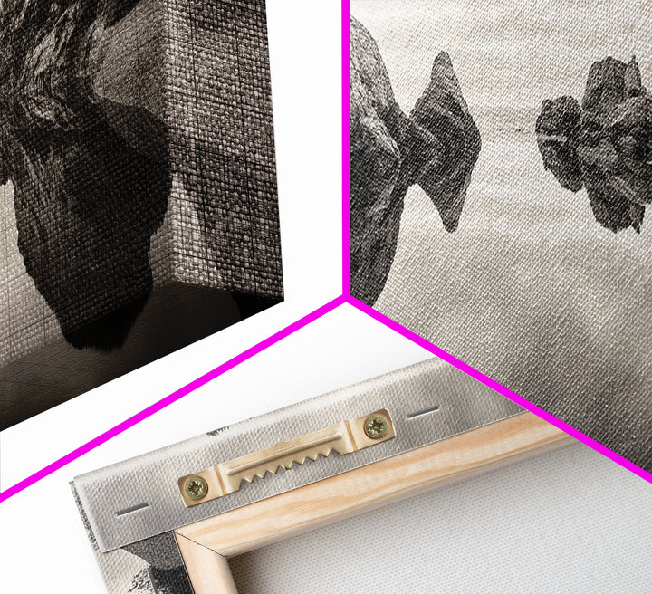 Rock Reflection, Coastal Tranquility, Nature Mirror, Framed Canvas Print, black and white coastal art, zen bathroom decor, moody ocean wall art