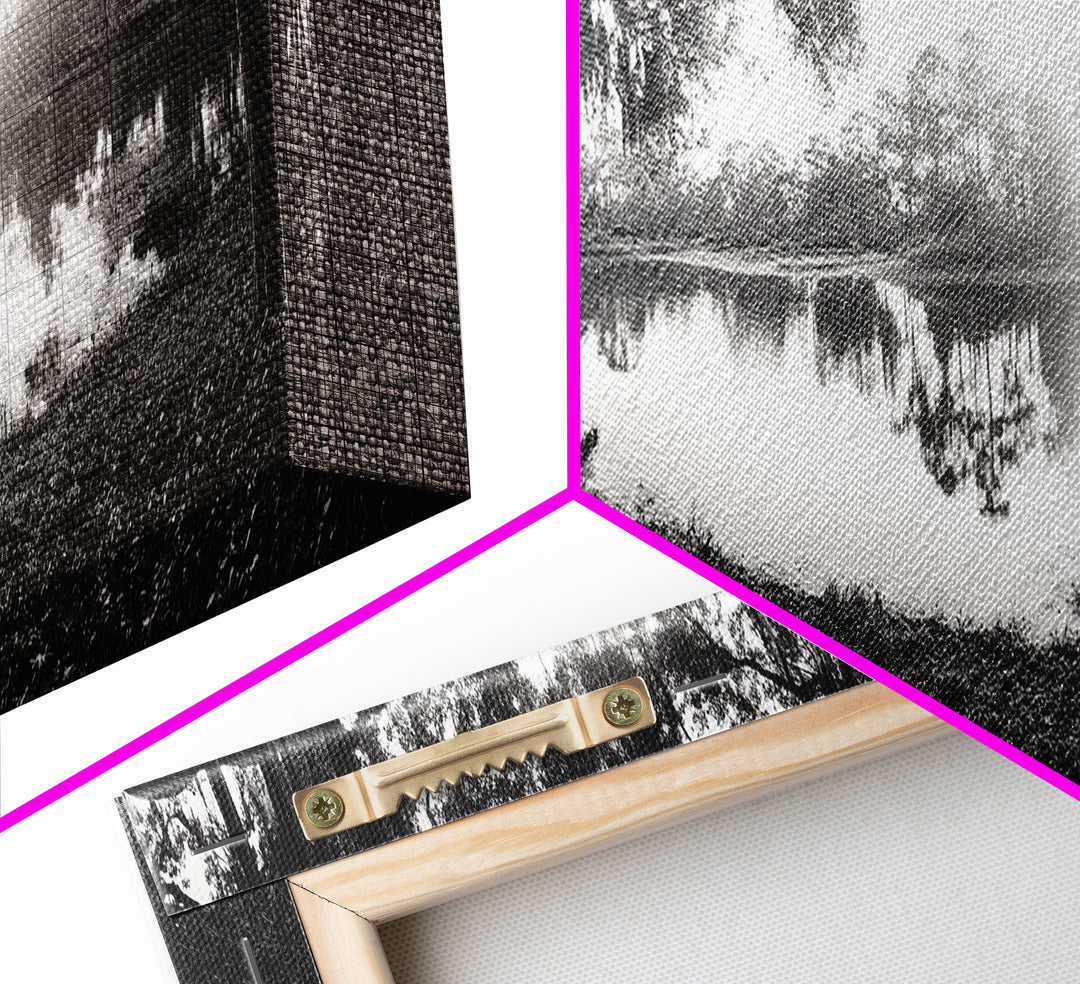 River Sunset, Mossy Trees, Tranquil Reflection, Framed Canvas Print, southern forest wall art, peaceful living room decor, rustic boho vibe