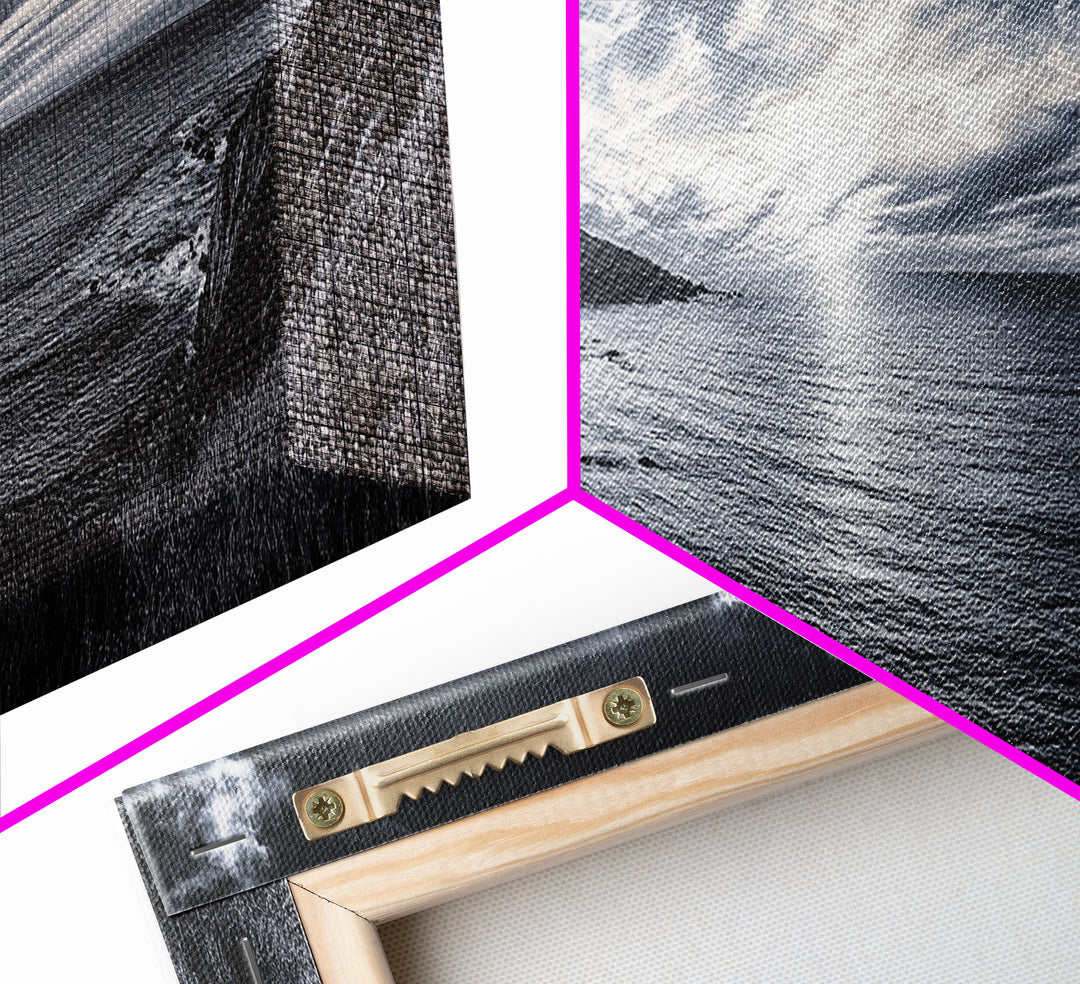 Cloudy Horizon, Wide Ocean View, Coastal Cliffs, Framed Canvas Print, dramatic seascape wall art, coastal kitchen decor, black and white