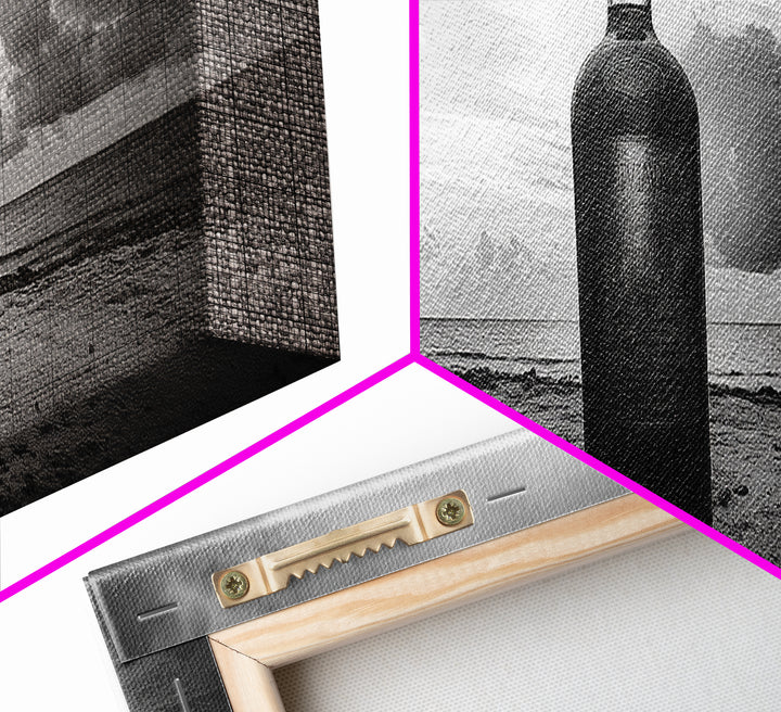 Whiskey on Beach, Bottle Seascape, Moody Coastal Still Life, Canvas Print, Masculine Bar Wall Art, Rustic Living Room Accent Piece