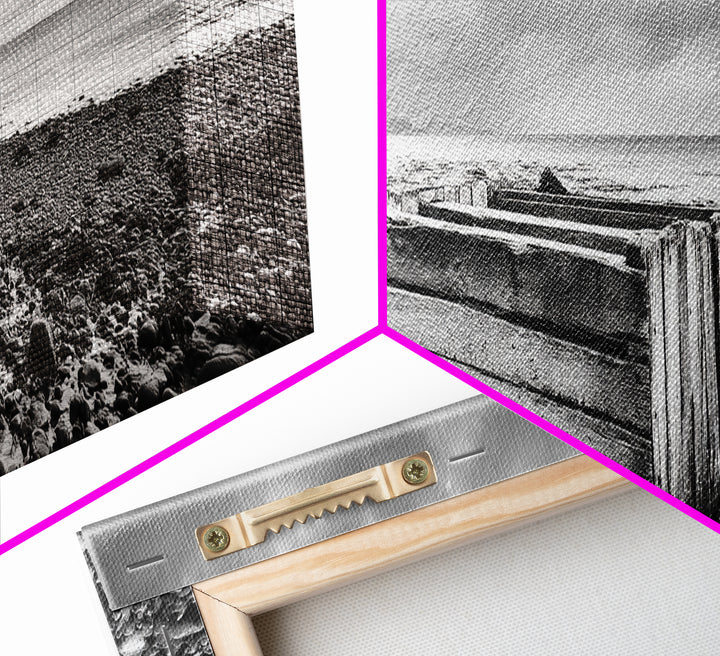 Rocky Beach, Driftwood Crate, Stormy Sky Seascape, Framed Canvas Print, Coastal Rustic Decor, Bathroom Wall Art, Monochrome Style