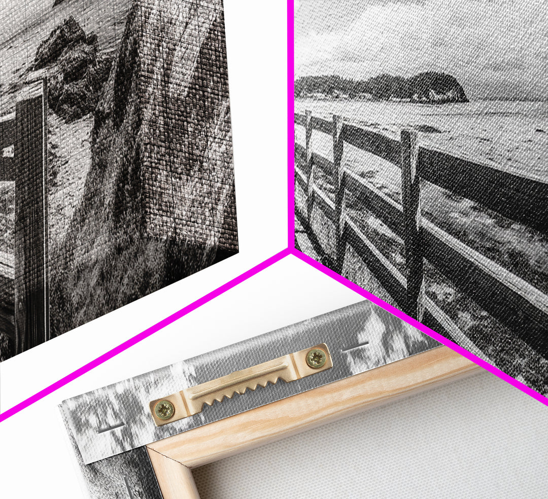 Coastal Fence Path, Island View, Ocean Trail, Framed Canvas Print, Bright Scenic Art, Living Room Decor, Seaside Landscape Vibe