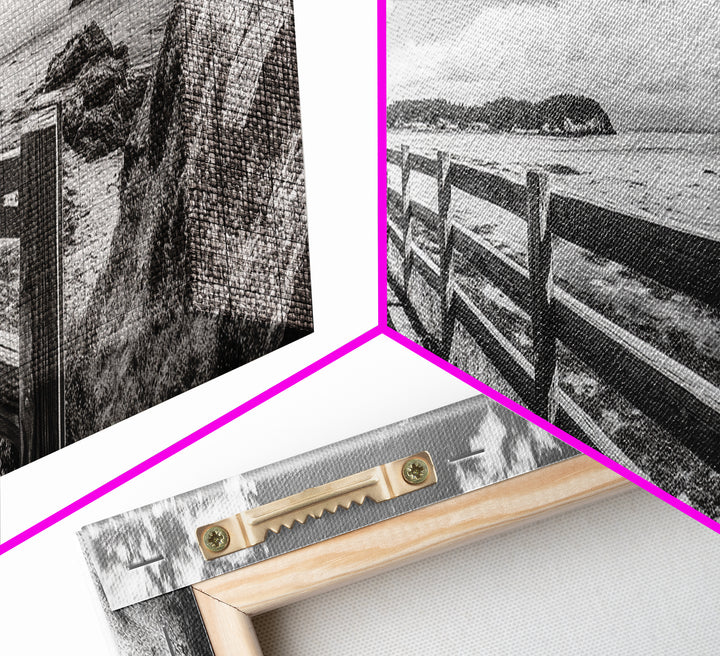 Coastal Fence Path, Island View, Ocean Trail, Framed Canvas Print, Bright Scenic Art, Living Room Decor, Seaside Landscape Vibe