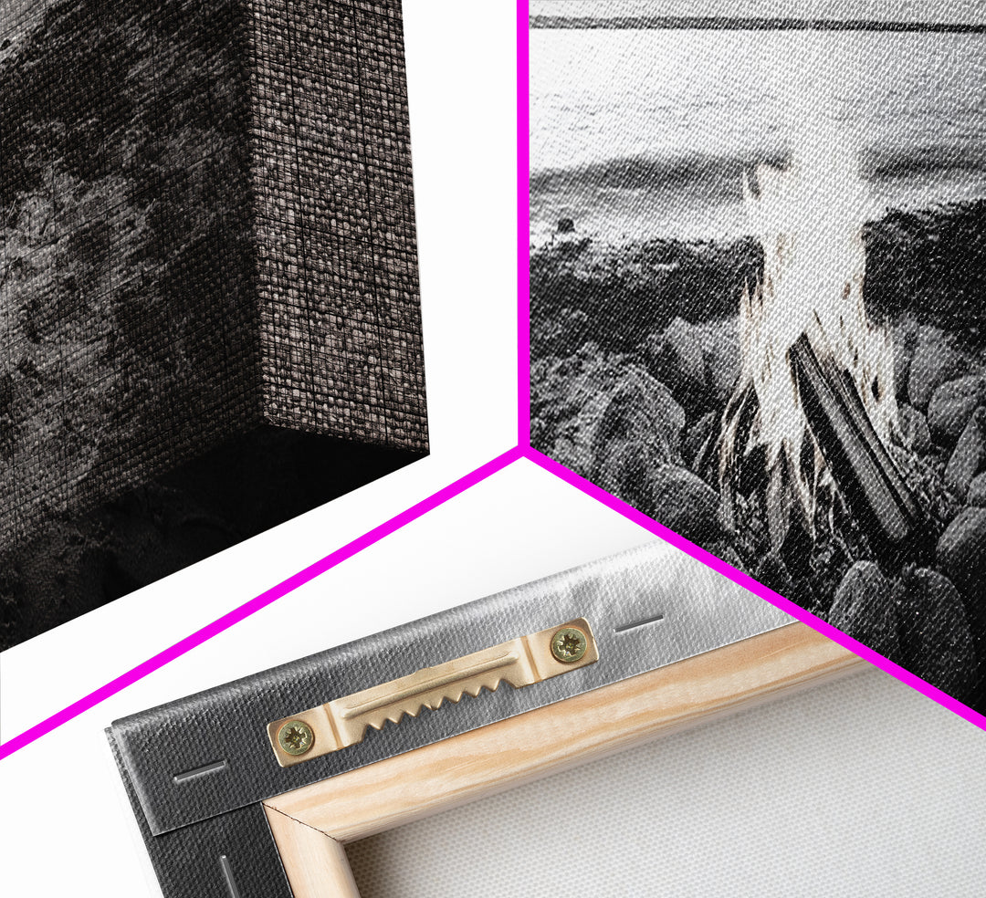 Campfire Circle, Shoreline Fire, Beach Rocks, Autumn Mood, Canvas Print, rustic Fall art, outdoor living decor, lakeside art, coastal art