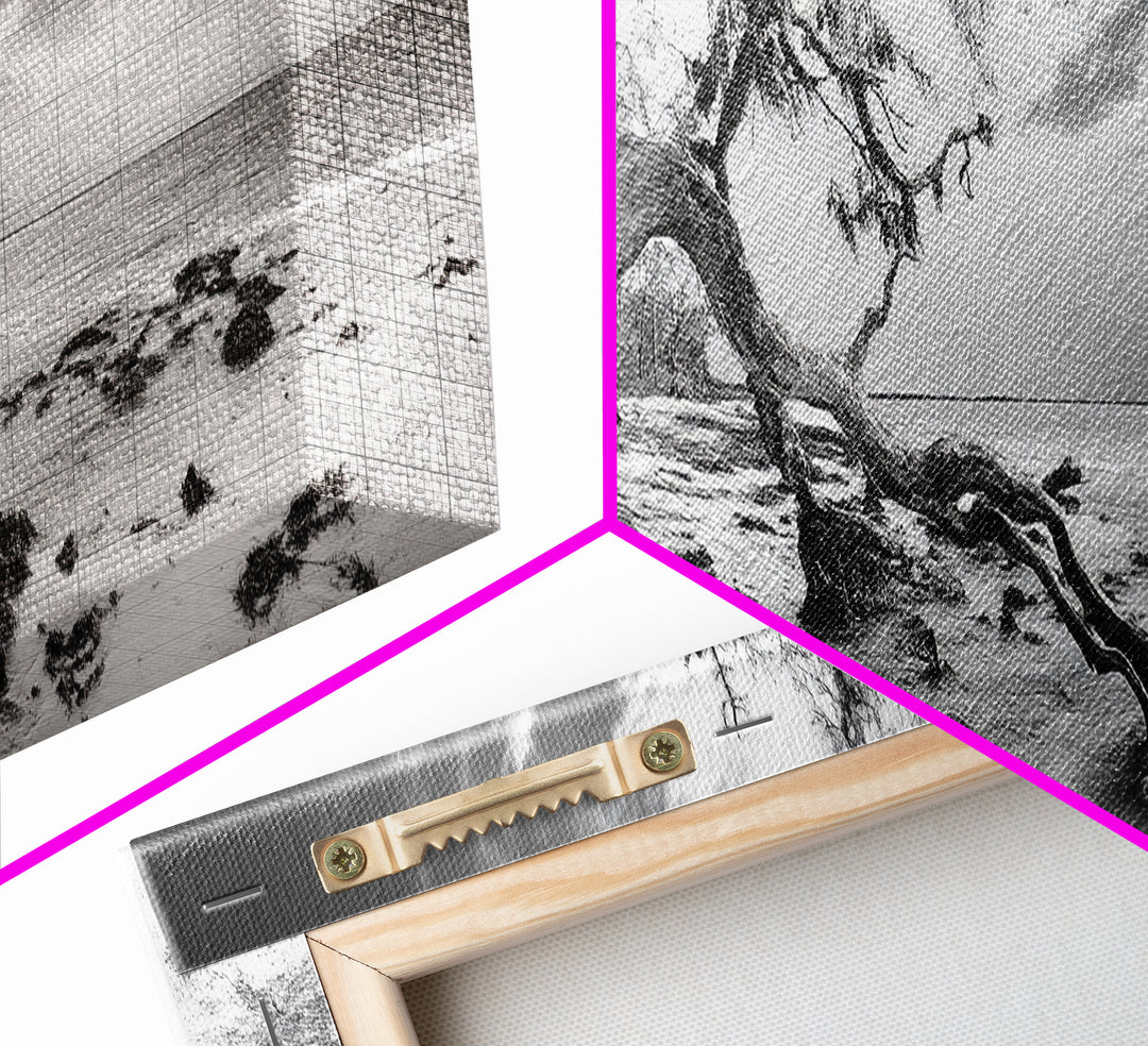 Bending Tree Beach, Windswept Coastal Scene, Dune Forest, Canvas Print, Monochrome Minimalist Art, Boho Bedroom Decor, Ocean Tones