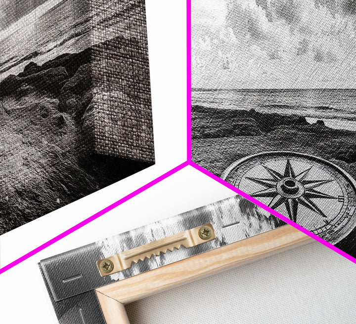 Compass Rose, Ocean Horizon, Palm Trees, Canvas Print, Nautical Beach Art, Boho Living Room Wall Art, Black and White Coastal Decor