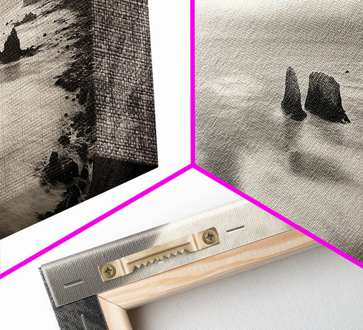 Rocky Coastline, Ocean Cliffs, Soft Waves, Long Exposure Landscape, Framed Canvas Print, Nautical Wall Art, Calm Living Room Decor