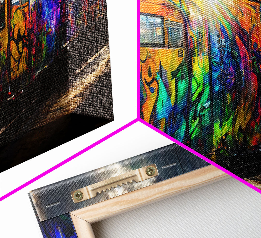 Graffiti Covered Train, Colorful Graffiti Art, Extra Large Wall Art, Framed Panoramic Canvas Print, Framed Wall Decor | Wall Art