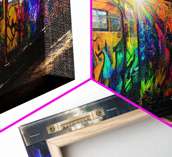 Graffiti Covered Train, Colorful Graffiti Art, Extra Large Wall Art, Framed Panoramic Canvas Print, Framed Wall Decor | Wall Art