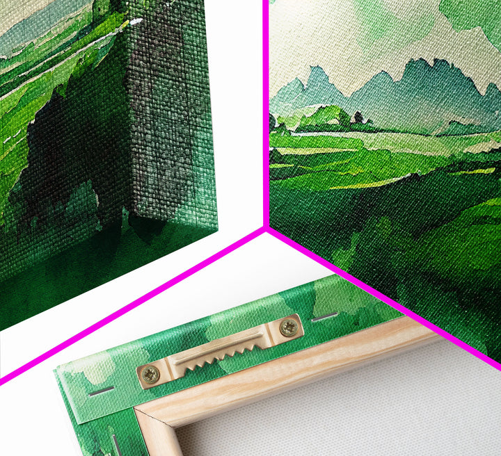 Watercolor Forest Landscape, Emerald Green, Extra Large Wall Art, Framed Panoramic Canvas Print, Framed Wall Decor