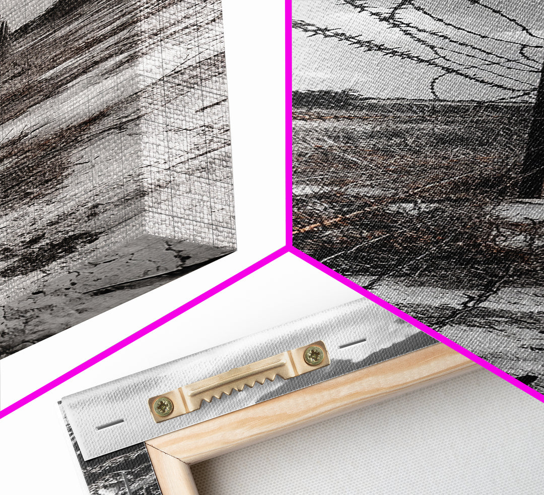 Rust Fence, Barbed Wire, Dramatic Sky, Framed Canvas Print, Abandoned Rural Art, Modern Industrial Decor, Grayscale Country Wall Art