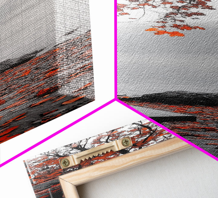 Autumn Leaves, Lakeside Bench, Quiet Moments, Foggy Morning, Framed Canvas Print, Cozy Fall Wall Art, Tranquil Living Room Decor